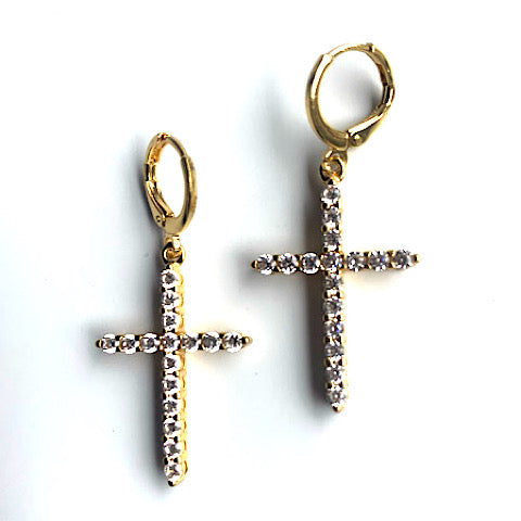 Cross Gold CZ Long Earrings