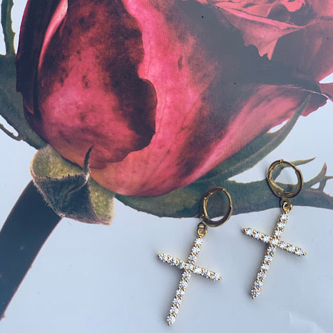 Cross Gold CZ Long Earrings