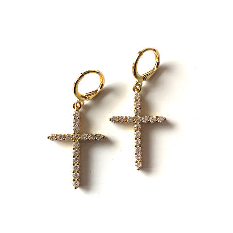 Cross Gold CZ Long Earrings