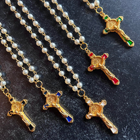 The Madonna Pearl Necklace w/ enamel cross