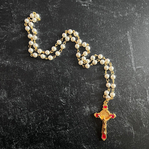 The Madonna Pearl Necklace w/ enamel cross