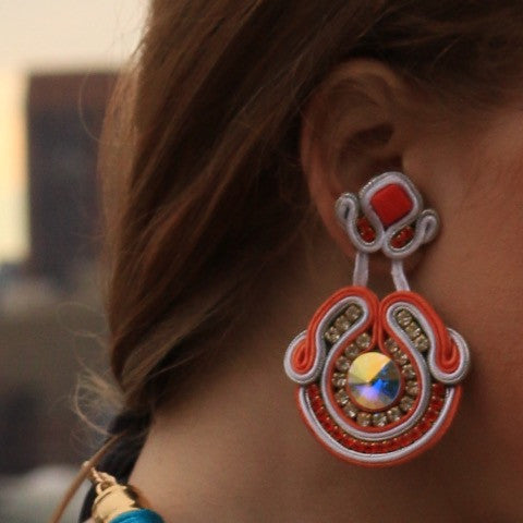 Long Soutache Orange & White Earrings